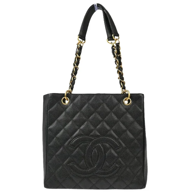 Chanel 2004-2005 Black Caviar Petite Shopping Tote PST Chain Handbag in Black Caviar leather from AMORE Vintage Tokyo