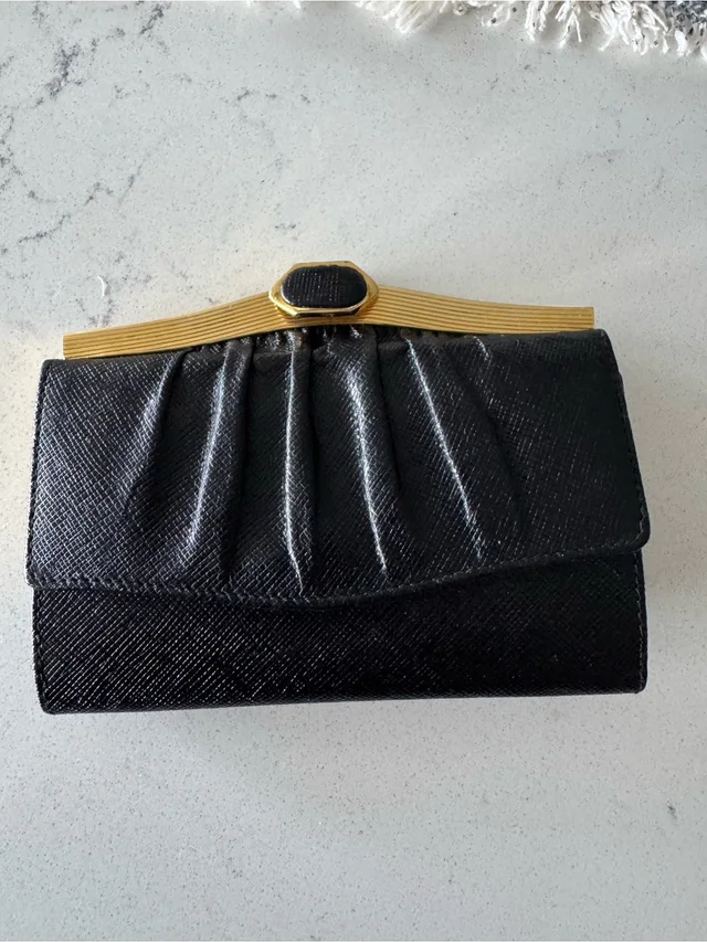 Judith Leiber Vintage Black Saffiano Leather Wallet With Gold Frame in black|gold Saffiano leather from Poshmark