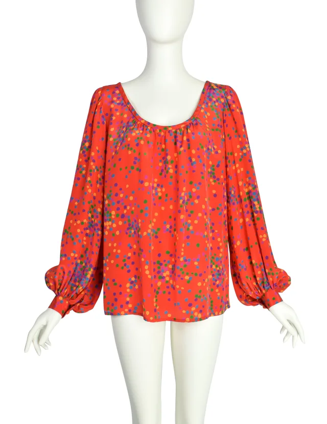 Saint Laurent Vintage SS 1984 Red Multicolor Confetti Dot Print Silk Bishop Sleeve Shirt in Red Silk from Amarcord Vintage Fashion