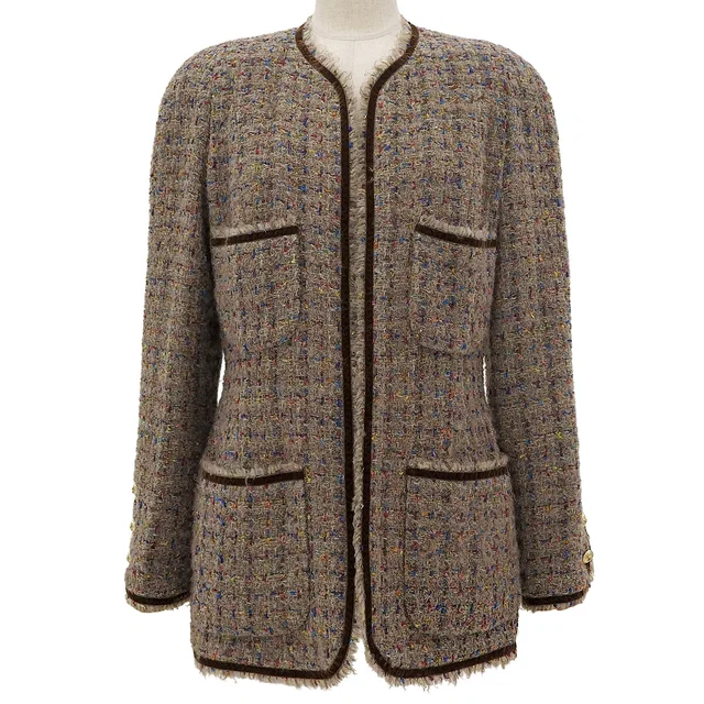 Chanel Tweed Collarless CC Mark Logo Button Jacket #38 Brown/Multi-color in Brown Tweed from VINTAGE QOO TOKYO