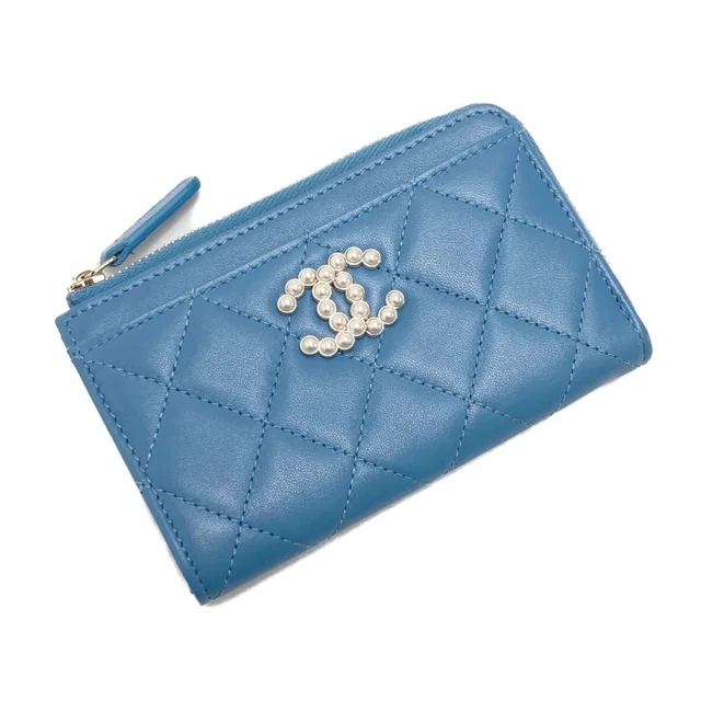 Chanel Quilted Fake Pearl Card Case Ap3836 Blue Coco Mark Lambskin Coin in Blue Lambskin from The Reluxe