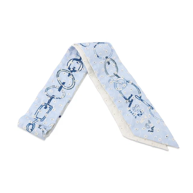 Hermès Twilly DO RE BOUCLES Broderis Anglaise Blue/Blanc/Marine Silk100% in White from GALLERY RARE
