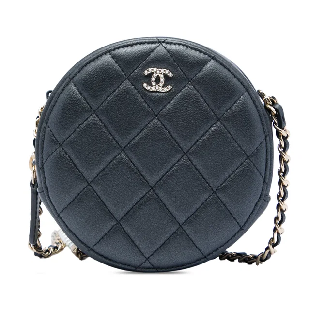 Black Chanel CC Quilted Iridescent Lambskin Pearl Round Clutch with Chain Crossbody Bag in Black Lambskin from Designer Revival