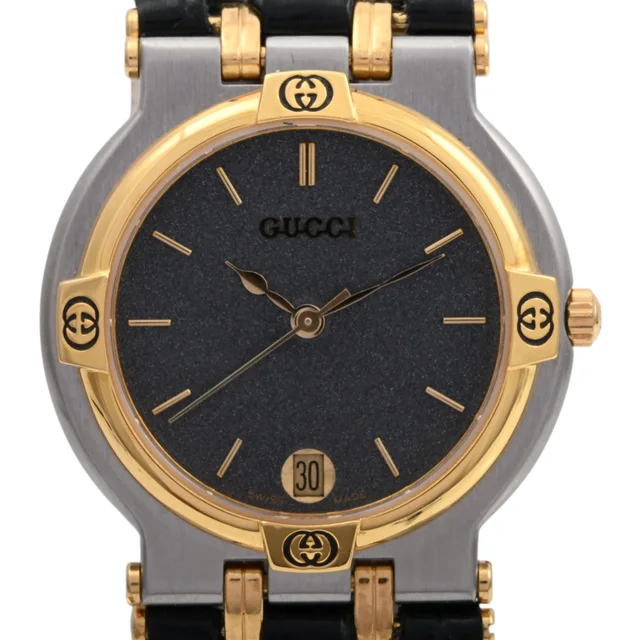 Gucci Round Logo Face Watch 9000M Quartz Black in Black Leather from VINTAGE QOO TOKYO, photo 2 of 8