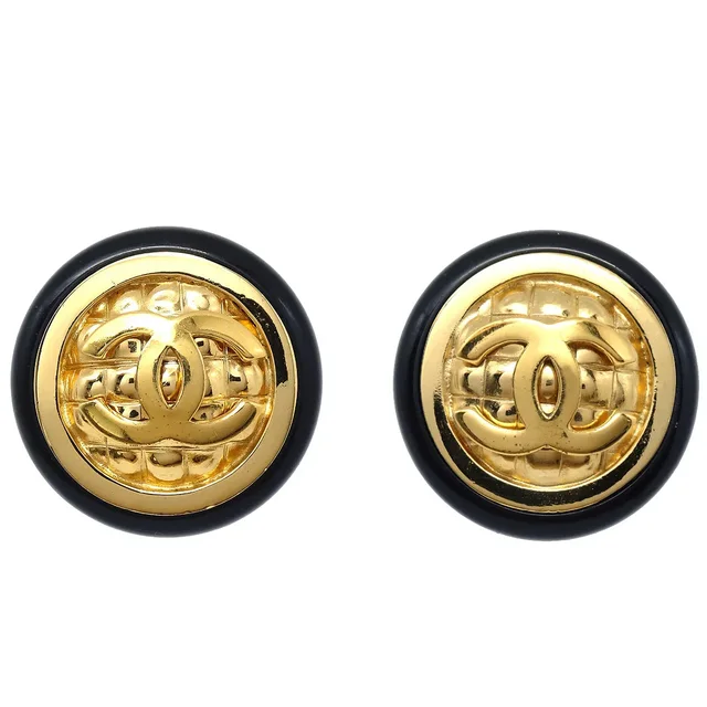 Chanel Black & Gold CC Earrings Clip-On in Black from AMORE Vintage Tokyo