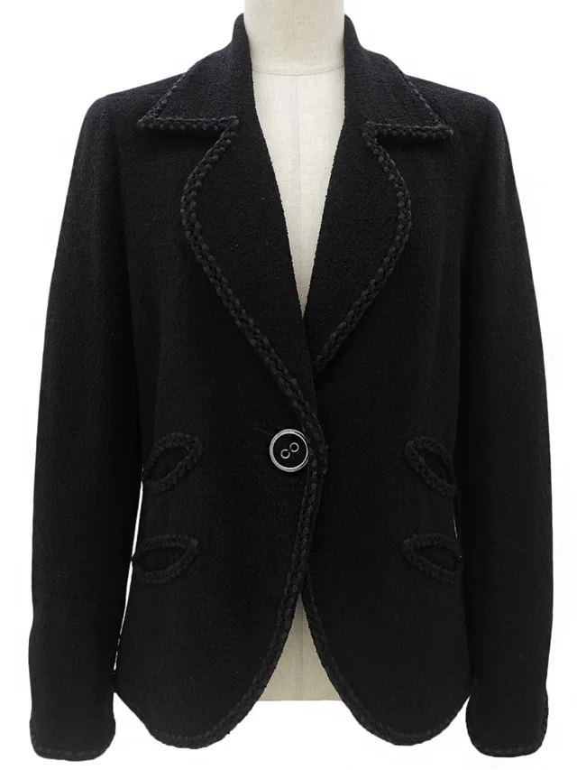 Chanel 2008 design stitch logo button jacket #38 black in Black Wool from VINTAGE QOO TOKYO