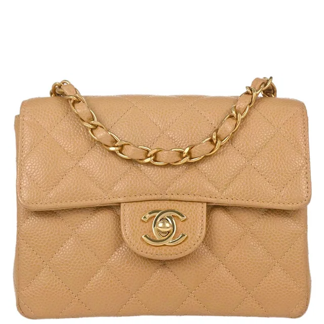 Chanel 2003-2004 Beige Calfskin Mini Classic Square Flap Shoulder Bag 17 in Beige Calfskin from AMORE Vintage Tokyo