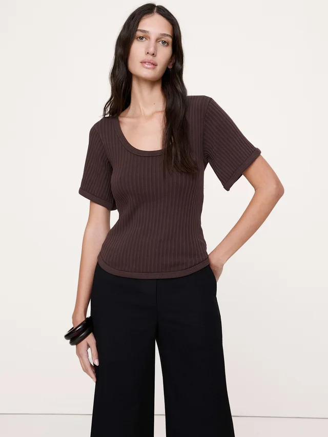 Banana Republic Ribbed Stretch-Cotton Scoop-Neck T-Shirt in Brown from Banana Republic (Canada), photo 1 of 1