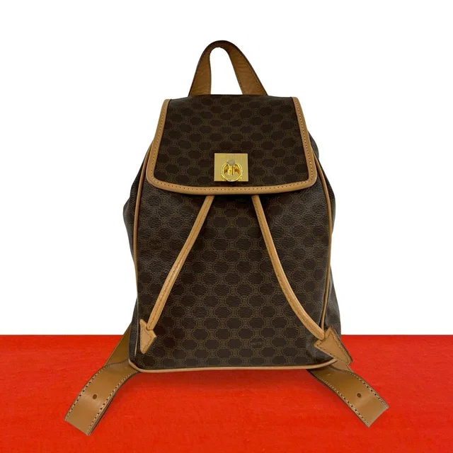 Celine Vintage Macadam Blason Triomphe Pattern Logo Ring Leather Backpack Brown in Brown Leather from The Reluxe