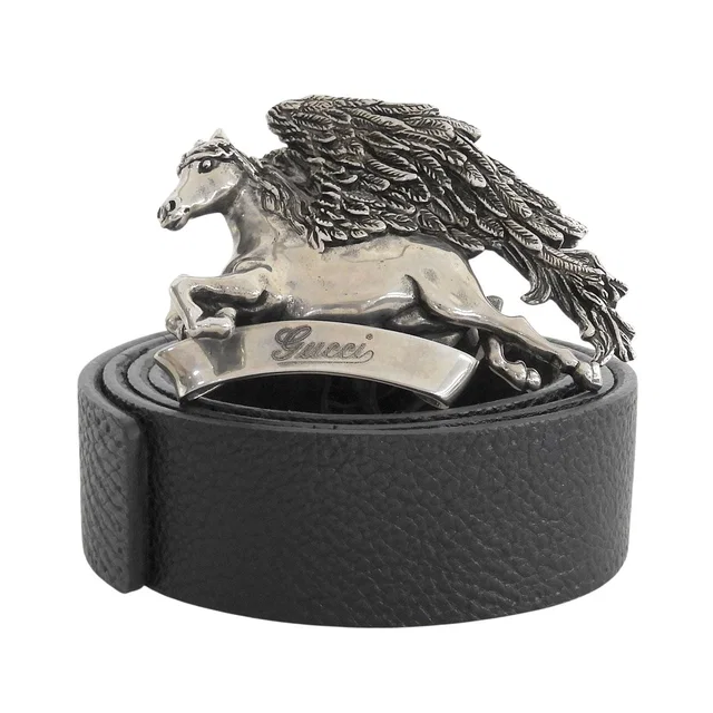 Gucci Pegasus Buckle Leather Belt Black Silver in Black Leather from The Reluxe