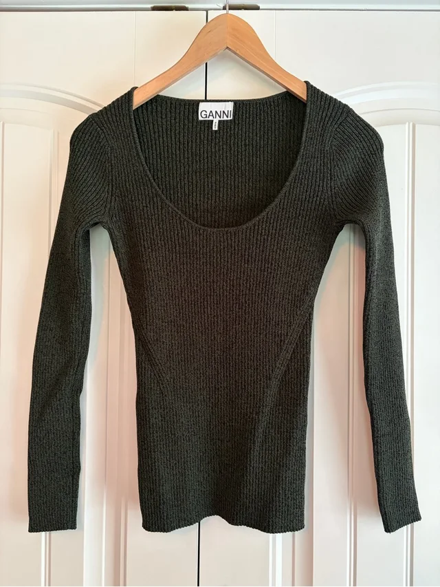 GANNI Women's Green Black Marled Ribbed Knit Scoop Neck Sweater Top Size Xs in green|black Denim from Poshmark
