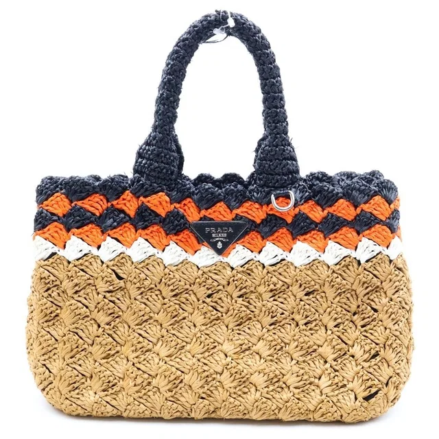 Prada Triangle Logo Basket Bag Handbag Black Brown Orange Raffia in Black Raffia from The Reluxe