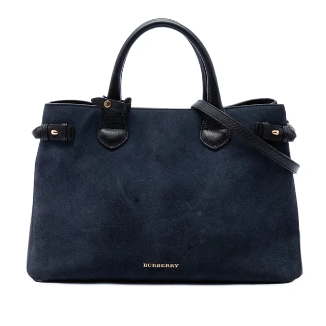 Blue Burberry Medium Suede and Calfskin Banner Satchel in Blue Calfskin from Designer Revival