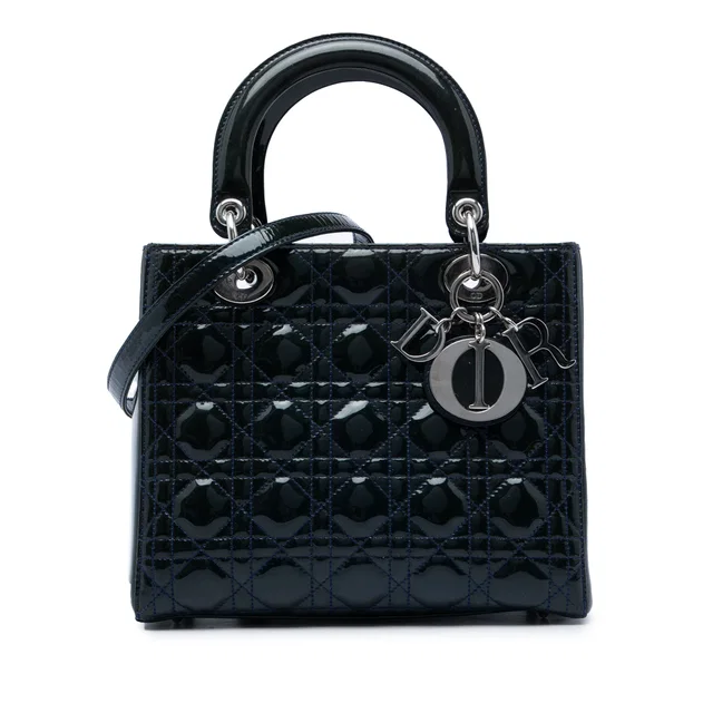 Blue Dior Medium Patent Cannage Lady Dior Satchel in Blue Patent leather from Designer Revival