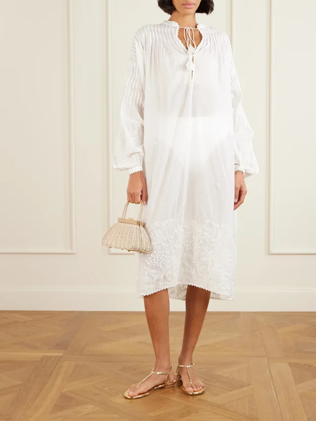 THIERRY COLSON Guise tasseled pleated embroidered cotton-voile midi dress in White, photo 2 of 2 from NET-A-PORTER (Canada)