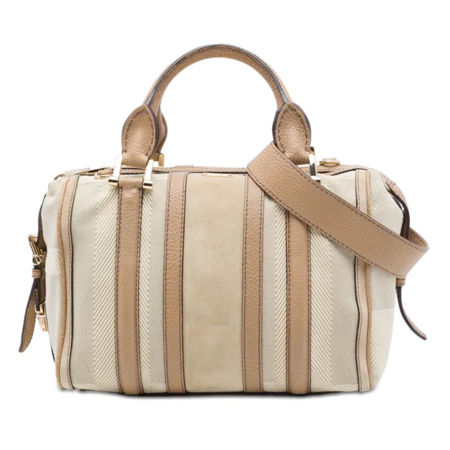 Tan Burberry Suede Trimmed Canvas Nevinson Bowling Bag Satchel in Brown Suede from Designer Revival