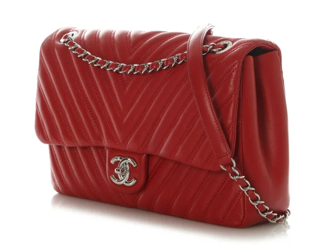 Chanel Jumbo Red Chevron-Quilted Lambskin Classic Single Flap in Red Lambskin from Ann's Fabulous Finds, photo 3 of 9