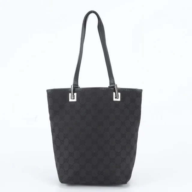 Gucci GG Canvas Leather Tote Bag Shoulder Hand Black in Black Canvas from The Reluxe