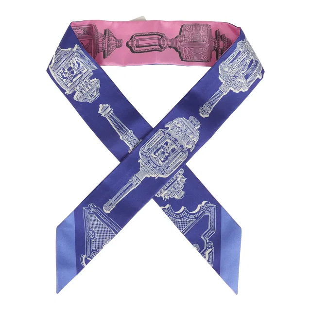 Hermès "Merveilleuses Lantern" Rose Bon, Indigo Multi Silk Twilly Pair in Pink Silk from Madison Avenue Couture