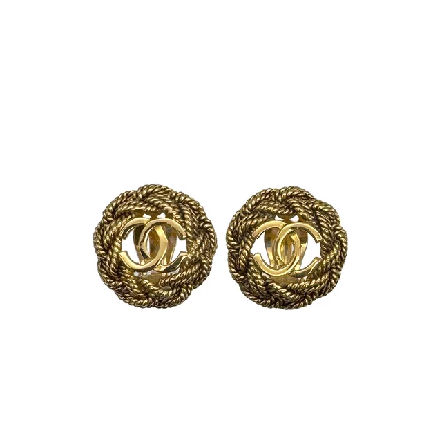 Chanel Vintage Earrings Round Cocomark Flower Motif Gold Accessory in Gold from Luxury Promise