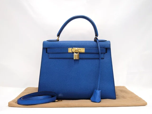 Hermès Kelly 28 Courchevel Bleu France 〇W Stamp Handbag (1993) ee5be2nrso in Blue from Luxury Promise