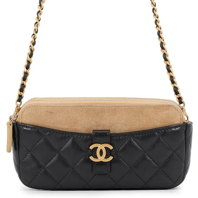 Chanel Chain Shoulder Bag Quilted CC Logo Lambskin Suede Black in Black Lambskin from The Reluxe