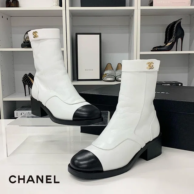 Chanel CC Logo Turnlock Leather Short Boots White Black in Black Leather from The Reluxe
