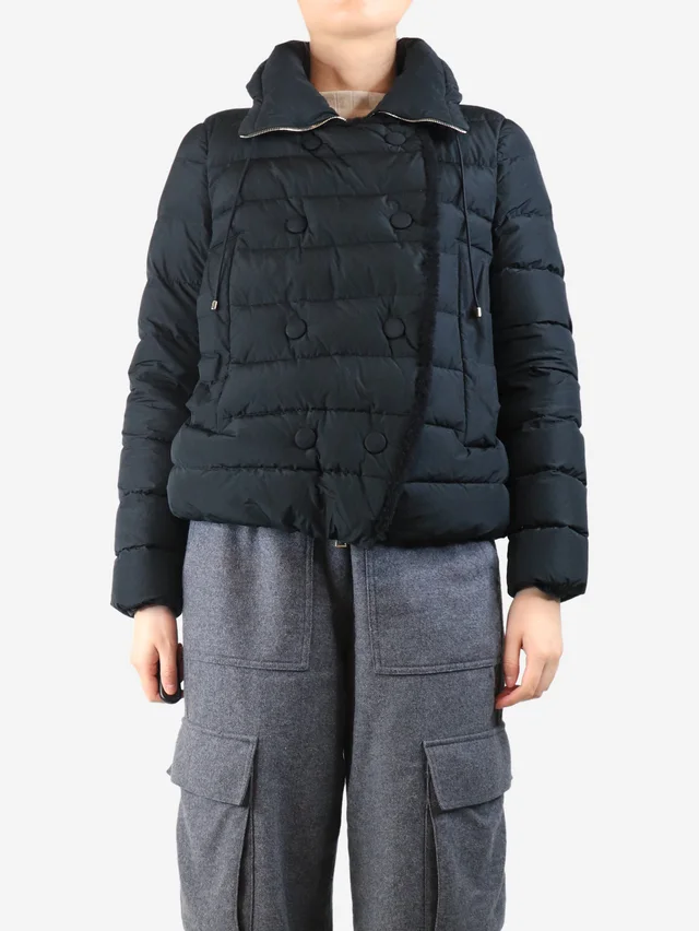 Moncler Black double breasted puffer coat - size UK 12 in Black from Sign of the Times