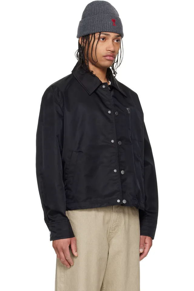 AMI Paris Black Nylon 'Ami De Coeur' Stud Buttoned Jacket, photo 2 of 4 from SSENSE