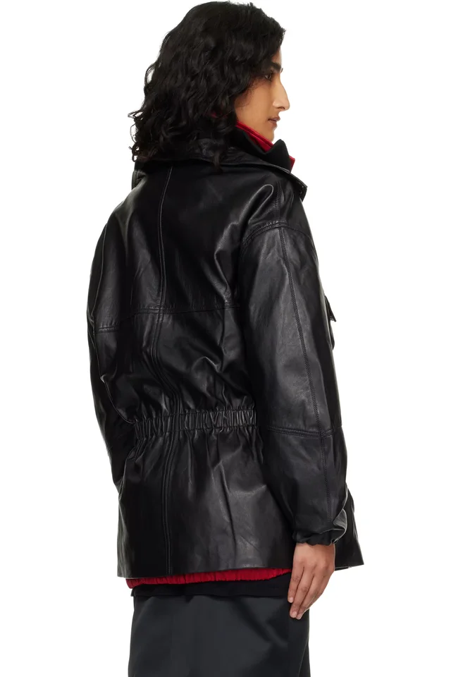 The Frankie Shop Black Carnaby Funnel Neck Leather Jacket, photo 3 of 4 from SSENSE