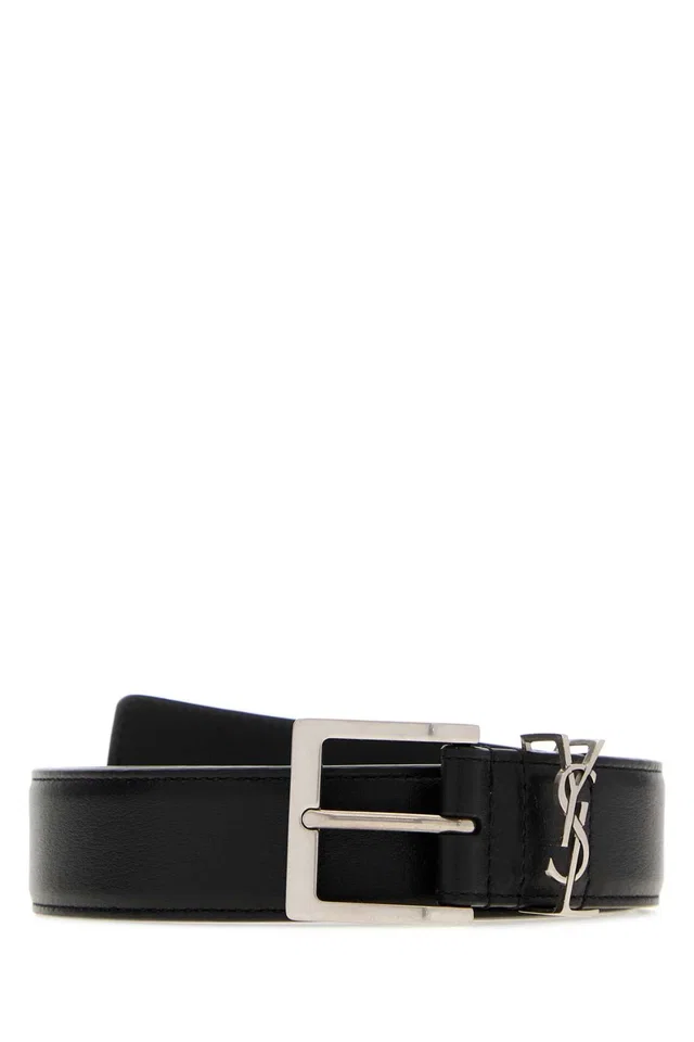 Saint Laurent Leather Logo Belt — Black Nero in Black Leather from HEWI