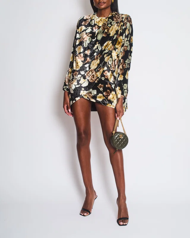 Saint Laurent Black Velvet Cream, Brown Floral Print Mini Dress Wrap Detail Size FR 34 UK 6 in Black Velvet from Sellier