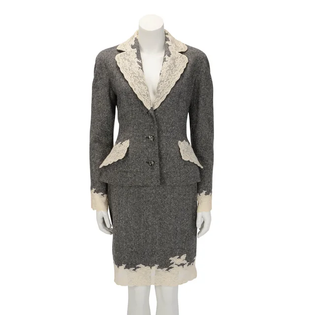 Dior Wool Tweed Lace Trim Jacket & Skirt FR 40 in Grey Tweed from Blue Spinach