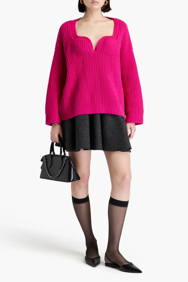 Valentino Garavani Ribbed Virgin Wool V-Neck Sweater in Fuchsia, photo 2 of 4 from THE OUTNET