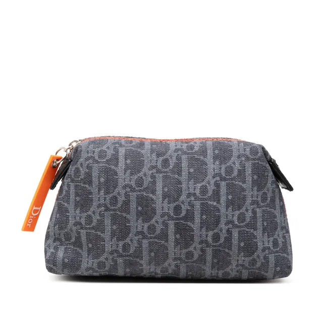 Blue Dior Oblique Denim Flight Cosmetic Pouch in Blue Denim from Designer Revival
