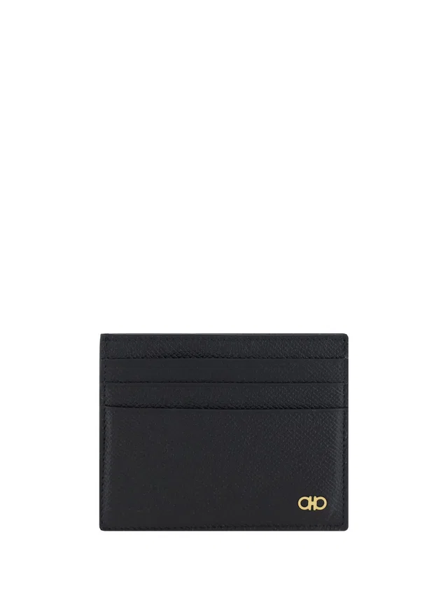 Ferragamo Gancini Embossed Calf Card Case — Black Leather Bos Taurus Wallet in Black Leather from HEWI