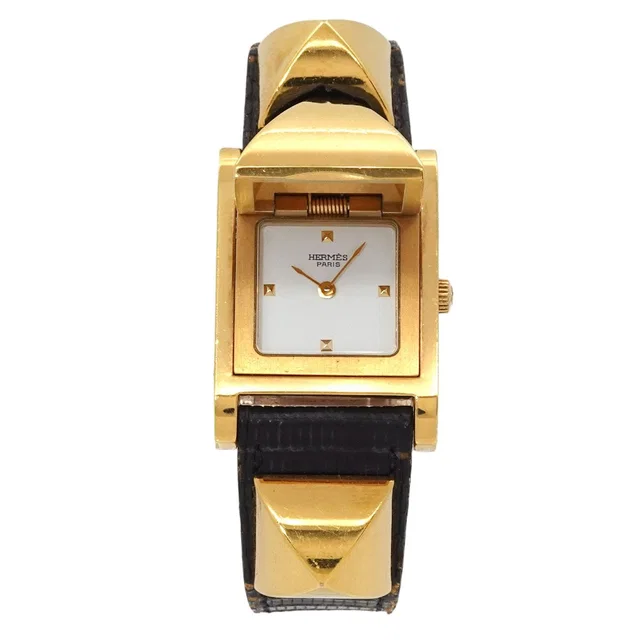 Hermès Medor Vintage Watch Pyramid Gold Studs White Leather Quartz in White Leather from The Reluxe