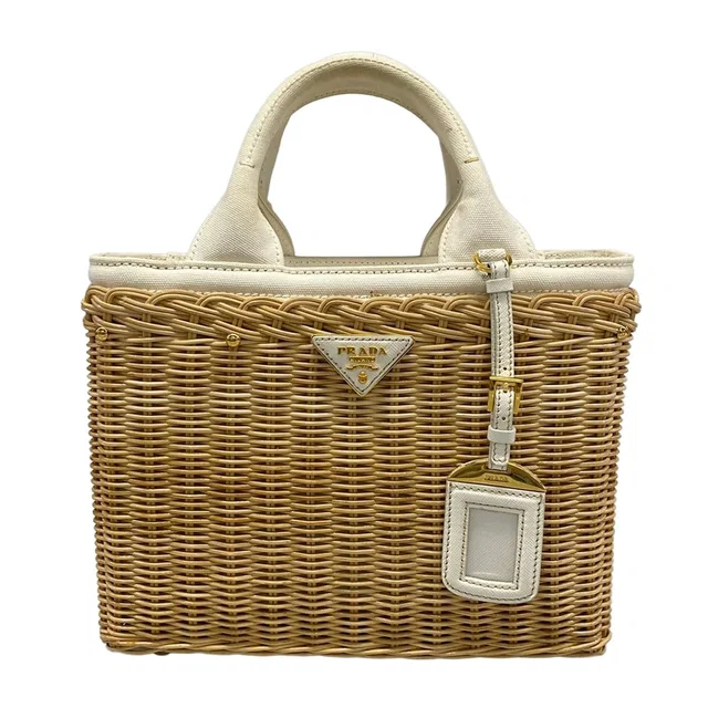 Prada Tote Medium Wicker Canvas Beige Ivory Basket in White Canvas from The Reluxe