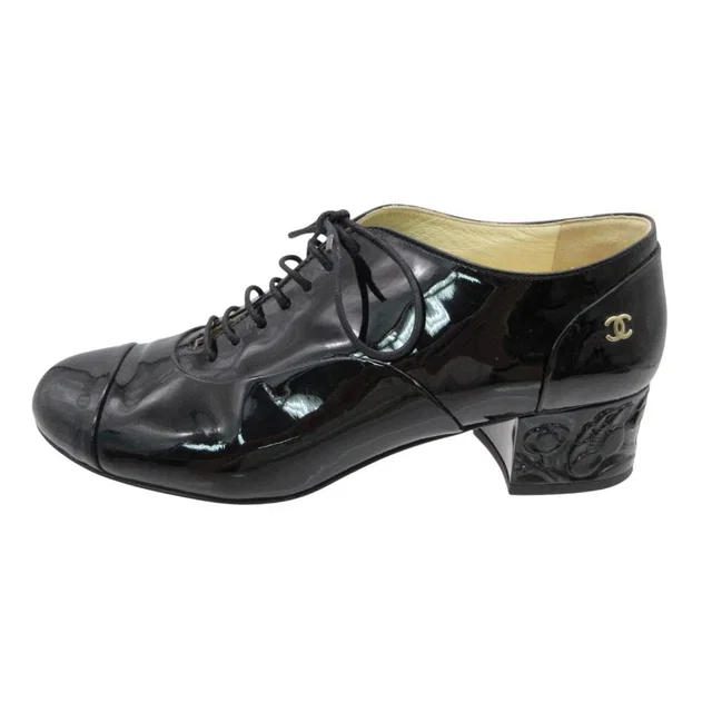 Chanel Loafers Patent Leather Shoes Heels Camellia Design Logo Black 36C in Black Patent leather from The Reluxe