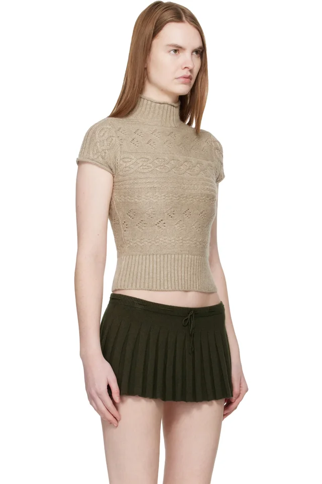 GUIZIO Taupe Vivienne Short Sleeve Cable Turtleneck, photo 2 of 4 from SSENSE