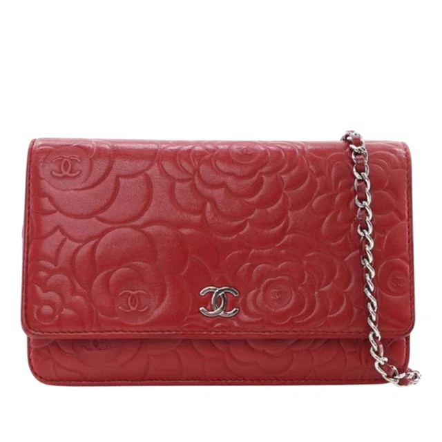 Red Chanel CC Embossed Lambskin Camellia Wallet On Chain Crossbody Bag in Red Lambskin from Designer Revival