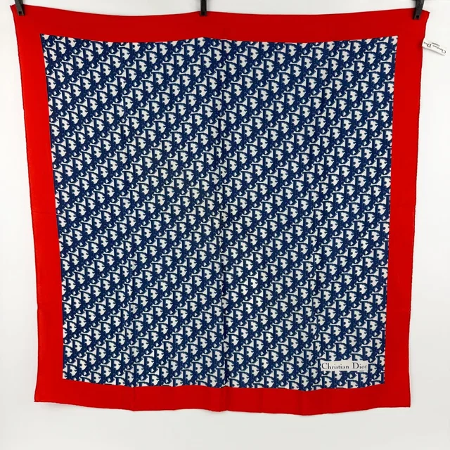 Dior Trotter Logo Pattern Silk Scarf Red Navy White Multicolor Vintage in White Silk from The Reluxe