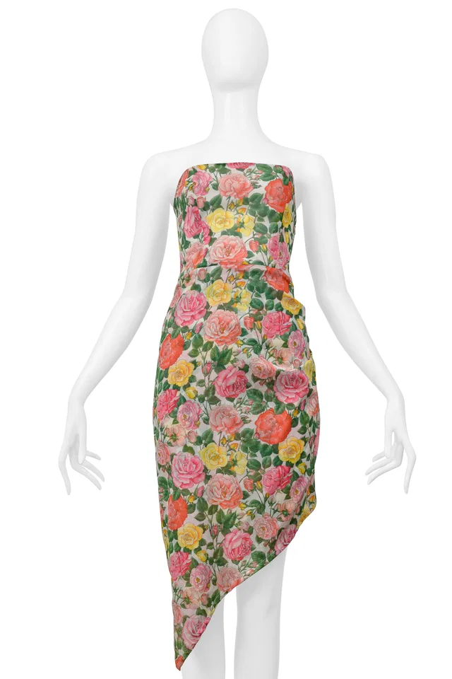 Saint Laurent Strapless Floral Cotton Dress With Asymmetrical Hemline from Resurrection Vintage