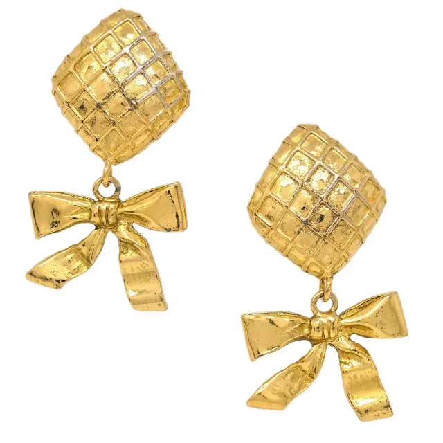 Chanel Gold Bow Rhombus Earrings Clip-On in Gold from AMORE Vintage Tokyo
