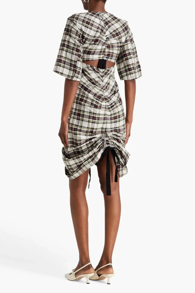 Ganni Cutout Checked Linen and Silk-Blend Midi Dress in Black, photo 3 of 4 from THE OUTNET