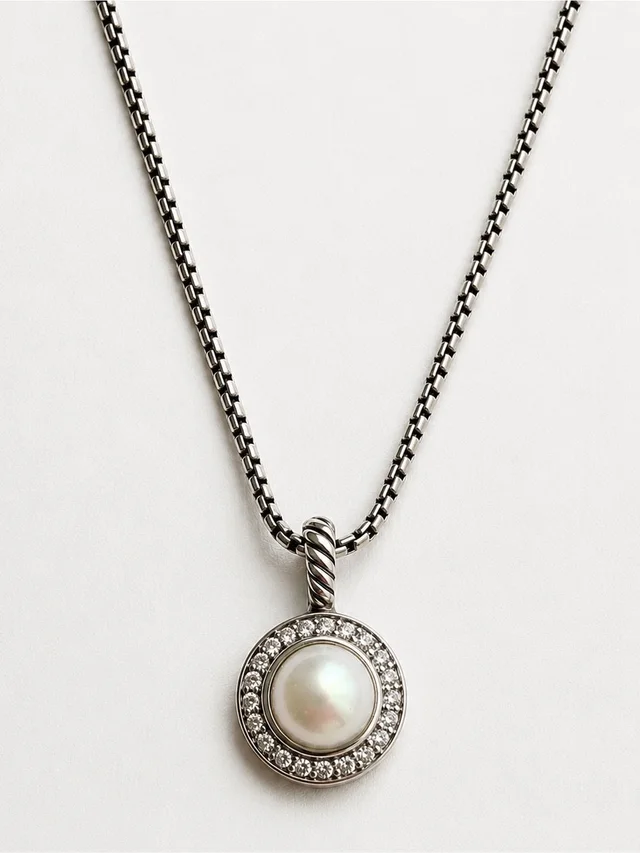 David Yurman Pearl & Diamond Halo Pendant Necklace 16” in silver|gray|white from Poshmark