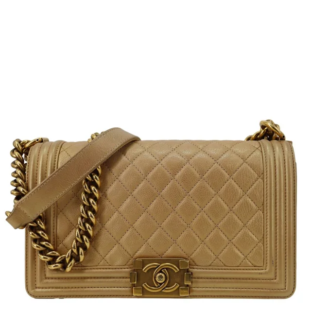 Chanel Boy Flap Old Medium Quilted Leather Crossbody Bag Gold in Gold Leather from Dallas Designer Handbags