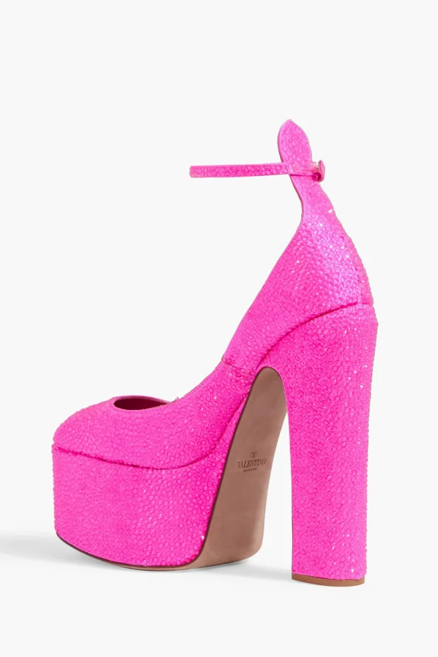 Valentino Garavani VLOGO Crystal-Embellished Satin Platform Pumps in Bright pink, photo 3 of 4 from THE OUTNET