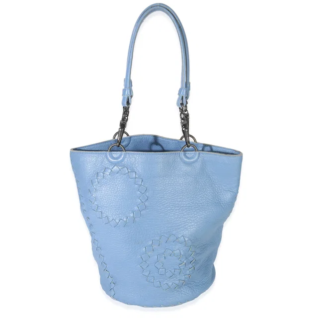 Bottega Veneta Blue Intrecciato Trimmed Cervo Small Bucket Bag in Blue Woven leather from myGemma