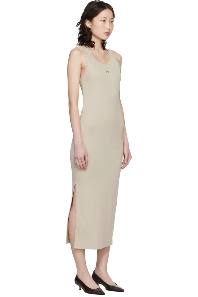 Maison Kitsuné Beige Baby Fox Ribbed Tank Maxi Dress, photo 2 of 4 from SSENSE